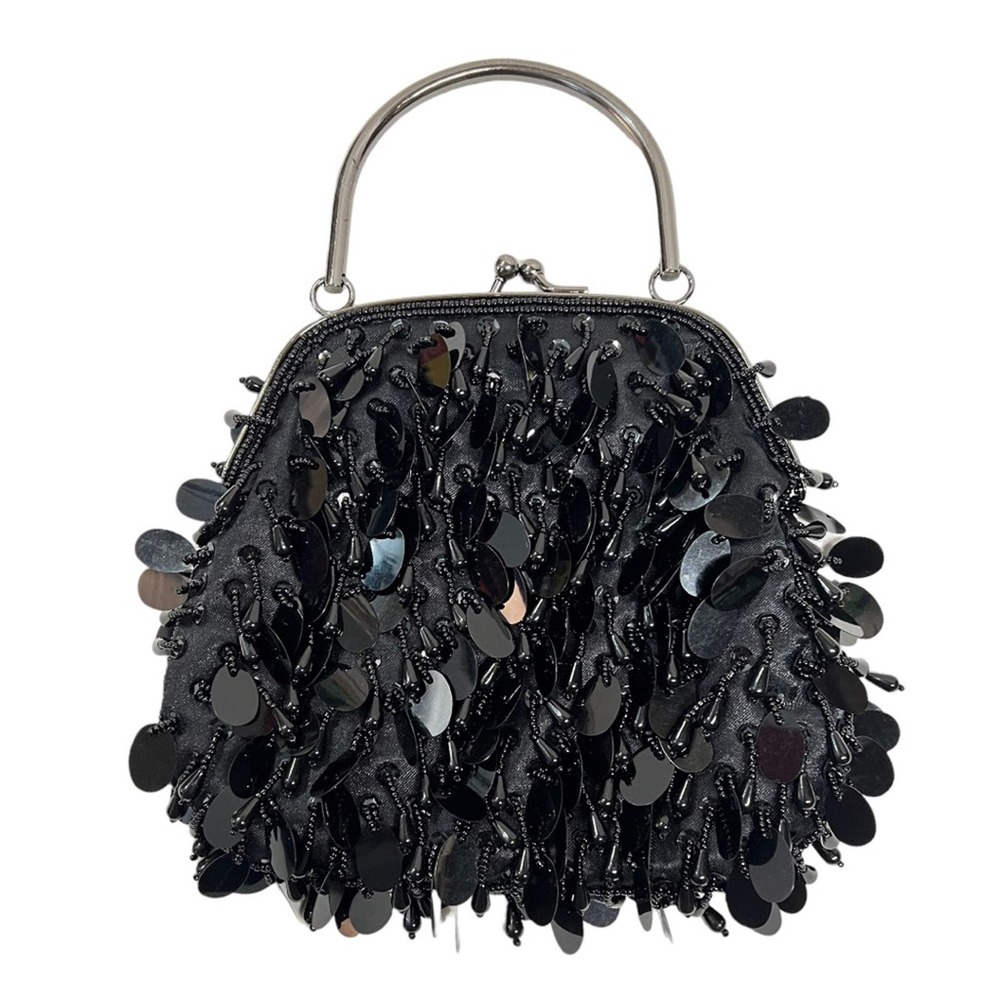 LOFT Black Bead and Sequin Satin Embellished Evening Clutch Pewter hardware NWOT - Picture 9 of 11